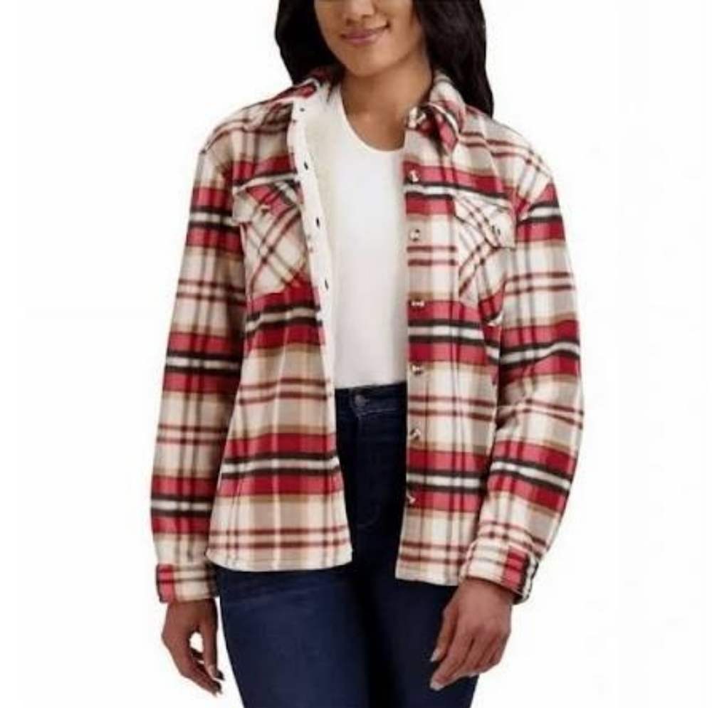 SAGE Collective Plaid Sherpa Lined Shacket Jacket Red Tan Size M